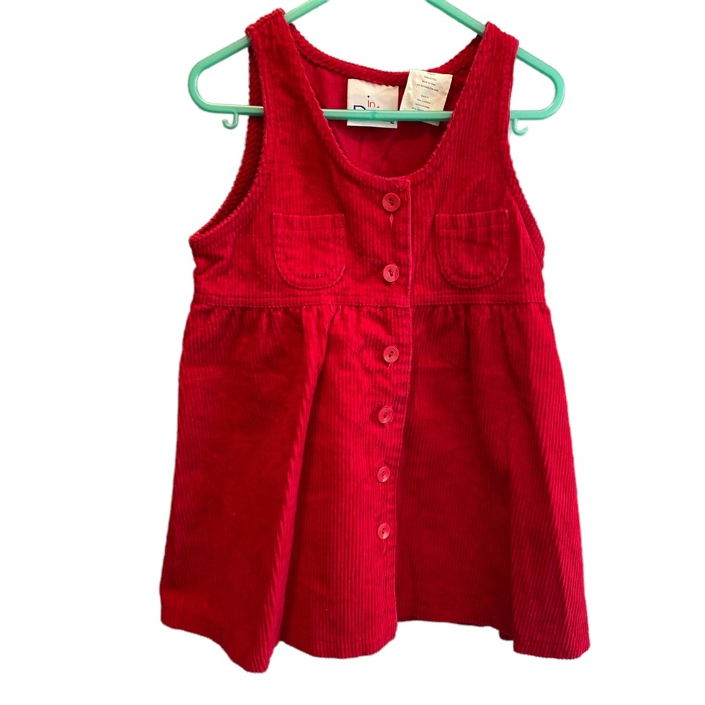 Vintage Toddler Girls Corduroy Red Button Down Pleated Jumper Holiday Dress